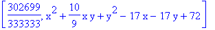 [302699/333333, x^2+10/9*x*y+y^2-17*x-17*y+72]